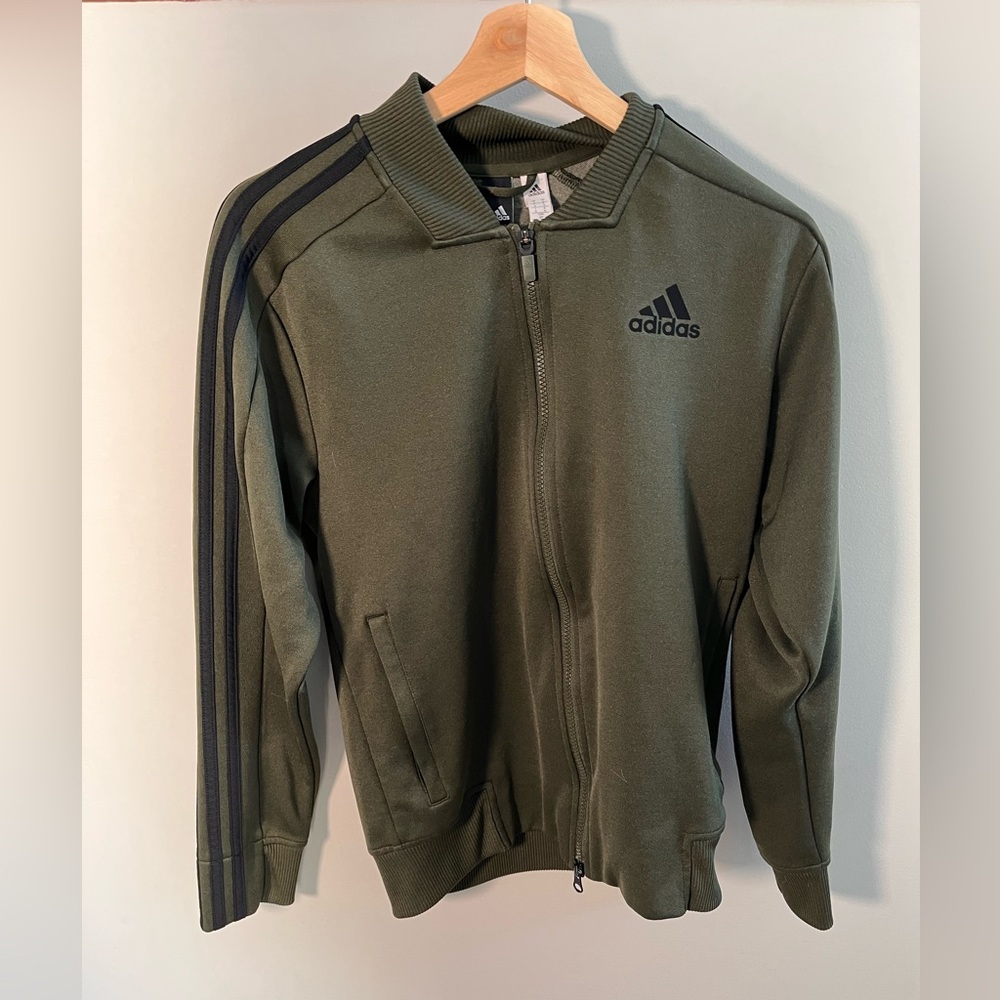 Adidas Men's Olive Zip-Up Sweater with Black‎ Stripes – Size Small